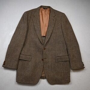 Vtg Harris Tweed 42L Brown Herringbone Wool Mens Blazer Suit Jacket Sport Coat